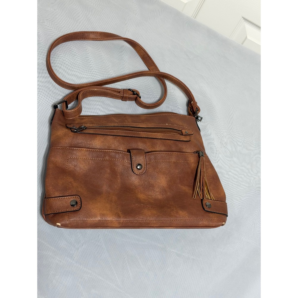 Fadeon Brown Vegan Leather Crossbody Bag Adjustable Strap Multi Pocket Tassel